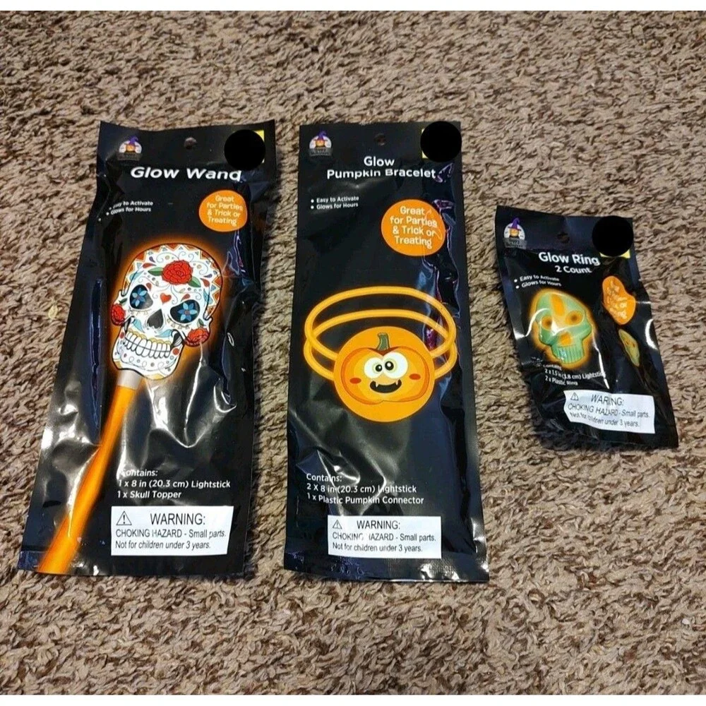 Lot of 3 - Glow in the Dark Skull Wand & Ring Pumpkin Bracelet Party Favor New